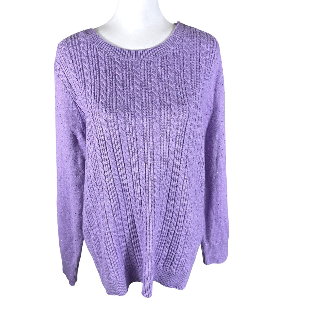 Talbots Cable Knit Sweater Women XL Purple Button Shoulder Speckled Pullover